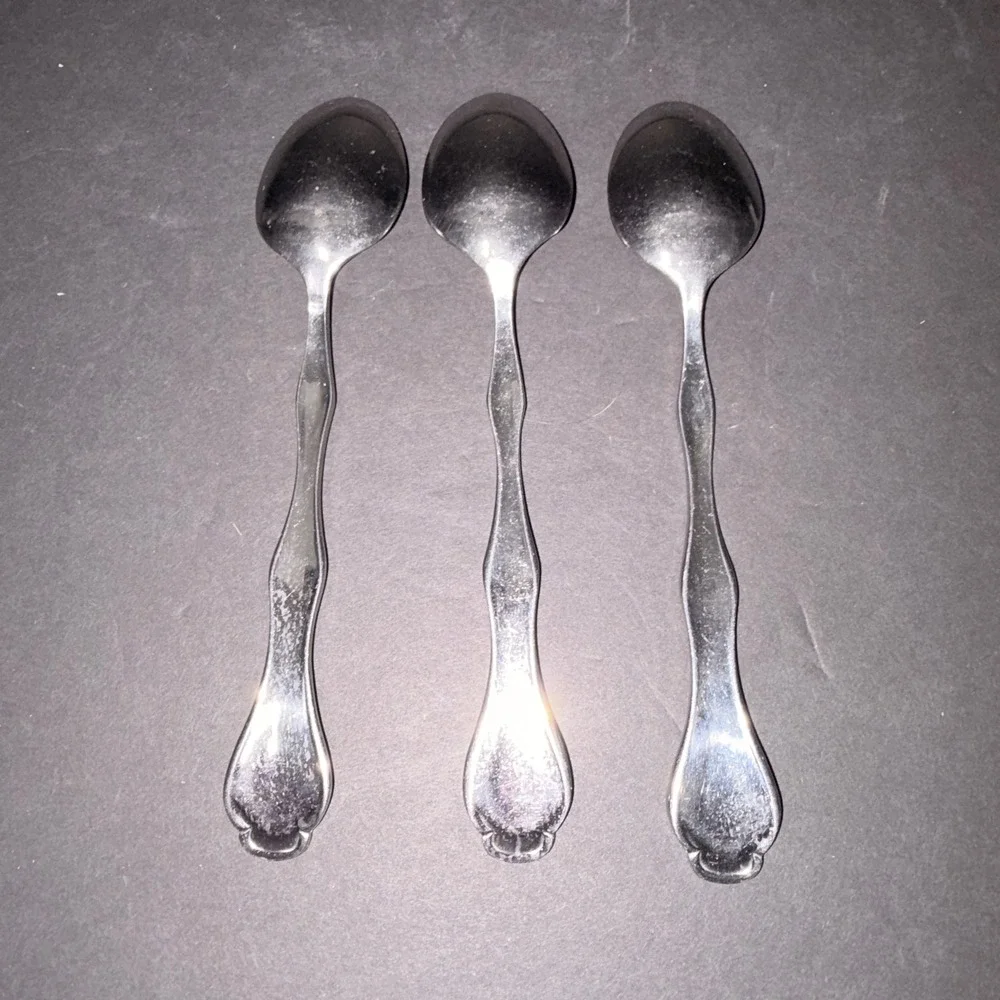 Set of 3 Stainless Steel Teaspoons Silver Fiddle Handle Scroll Detail 6.25